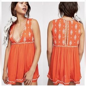 Free People Orange Boho Diamond Embroidered Sleeveless Tunic Top Size Small